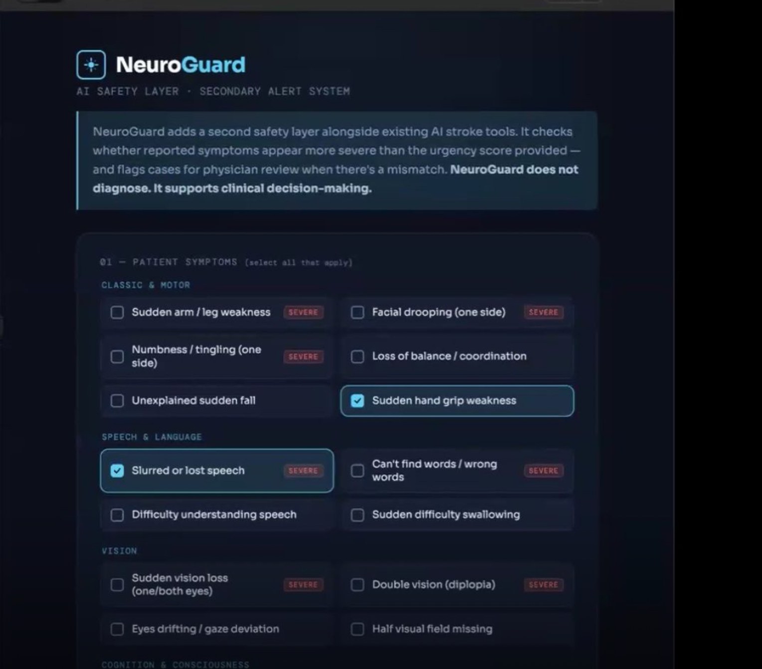 NeuroGuard student prototype, an AI safety layer for stroke triage