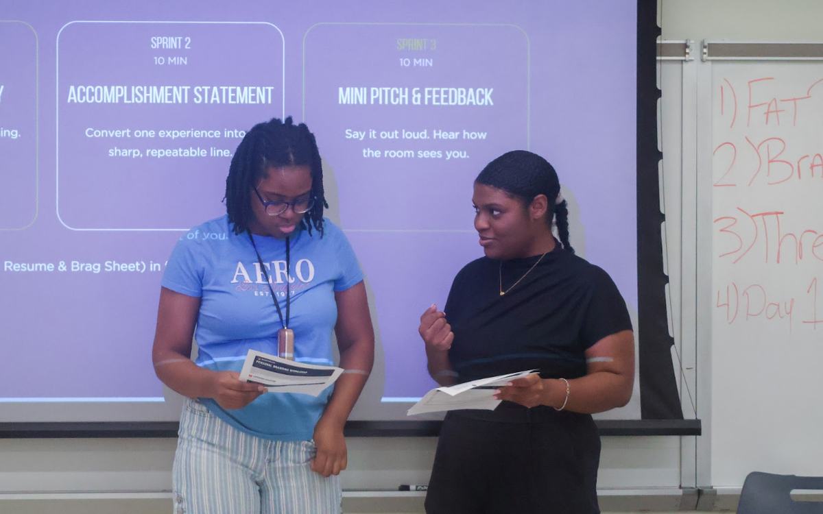 A scholar delivering his mini pitch to the room